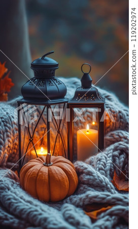 Cozy Lanterns and Pumpkin Setup in Autumn Mood 119202974