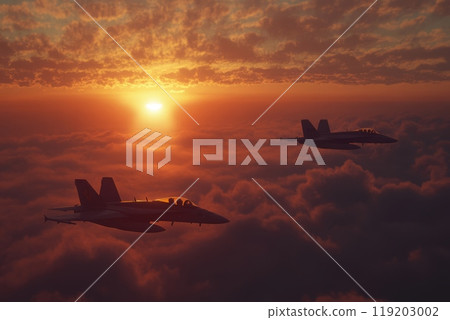 Fighter jet flying at sunset with afterburners, dramatic sky, aerial view, speed. Fighter jet flying at sunset with afterburners, dramatic sky, aerial view, speed. 119203002