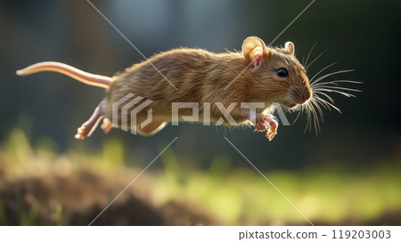 A mouse jumping mid-air with its tail extended, captured in a dynamic moment of movement against a blurred background. A mouse jumping mid-air with its tail extended, captured in a dynamic moment of movement against a blurred background. 119203003