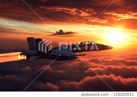 Fighter jet flying at sunset with afterburners, dramatic sky, aerial view, speed. Fighter jet flying at sunset with afterburners, dramatic sky, aerial view, speed. 119203011