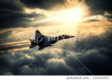 A fighter jet flies through the clouds with rays of sunshine in the background 119203013