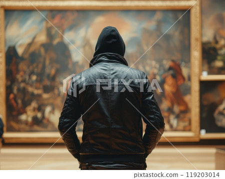 Art theft: Masked thief stands in front of museum's priceless painting 119203014