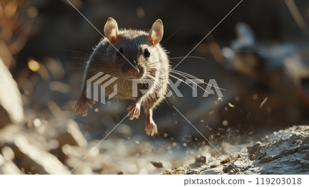 A mouse jumping mid-air with its tail extended, captured in a dynamic moment of movement against a blurred background. A mouse jumping mid-air with its tail extended, captured in a dynamic moment of movement against a blurred background. 119203018