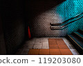 Stairs, red cones and yellow braille blocks 119203080