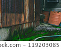 Rusty building and grassy area 119203085