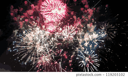 Colorful fireworks on a dark background. Colorful explosive fire show in the night sky. Vector illustration 119203102