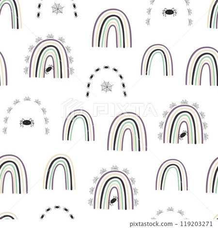 Halloween rainbow seamless pattern, simple hand drawn repeat illustration in trendy pastel colors, minimalist concept perfect for textile, celebration decor, cards, gift paper, papercraft Halloween rainbow seamless pattern, simple hand drawn repeat illustration in trendy pastel colors, minimalist concept perfect for textile, celebration decor, cards, gift paper, papercraft 119203271