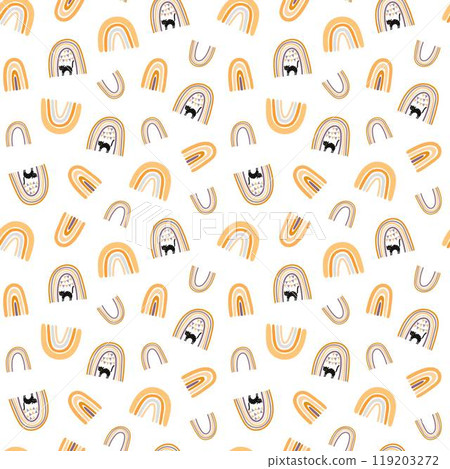 Halloween rainbow seamless pattern, simple hand drawn repeat illustration in trendy pastel colors, minimalist concept perfect for textile, celebration decor, cards, gift paper, papercraft Halloween rainbow seamless pattern, simple hand drawn repeat illustration in trendy pastel colors, minimalist concept perfect for textile, celebration decor, cards, gift paper, papercraft 119203272