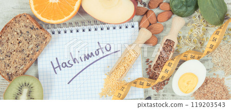 Notepad with inscription hashimoto, tape measure and best ingredients for healthy thyroid Notepad with inscription hashimoto, tape measure and best ingredients for healthy thyroid 119203543