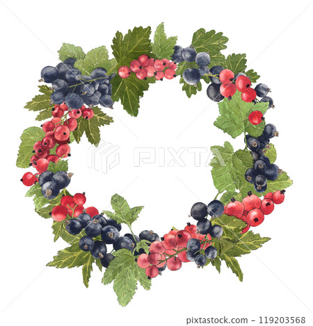 Watercolor frame of delicious black and red currant and their leaves. Botanical illustration. 119203568