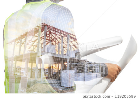 Double exposure image of professional engineer in protective helmet and blueprints paper at building construction site 119203599