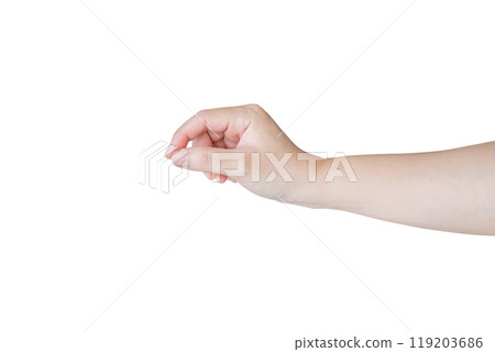 Woman hand gesture holding something isolated on white background Woman hand gesture holding something isolated on white background 119203686