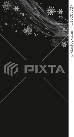 Vertical dark template. Silver snowflake pattern, brush strokes and splashes on the top of a black background Vertical dark template. Silver snowflake pattern, brush strokes and splashes on the top of a black background 119203727
