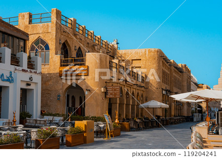 Doha, Qatar - 10092024: Architecture details of traditional arabian market Souq Waqif in Doha City in Qatar Doha, Qatar - 10092024: Architecture details of traditional arabian market Souq Waqif in Doha City in Qatar 119204241