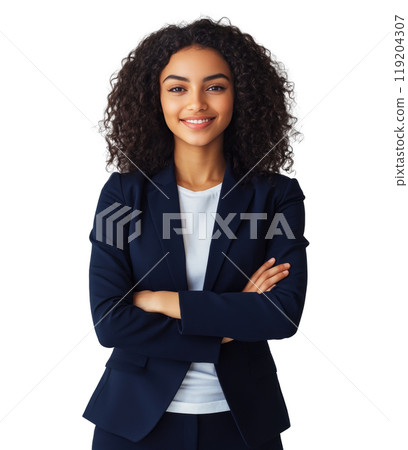 Confident businesswoman in a formal suit standing with arms crossed against a plain background 119204307