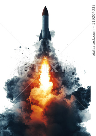 Rocket launch with explosive ascent against a clear background depicting power and motion 119204332