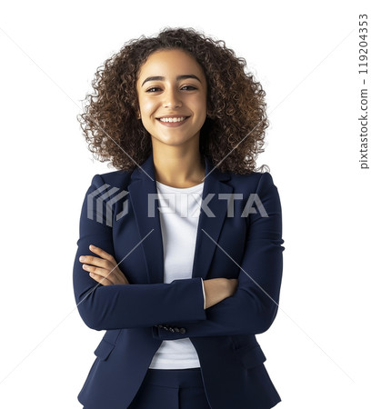 Confident businesswoman in a formal suit standing with arms crossed against a plain background 119204353