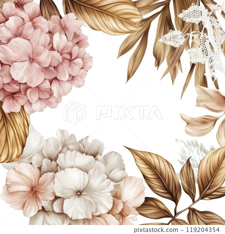 Elegant floral arrangement featuring pink flowers and gold leaves on a soft background 119204354