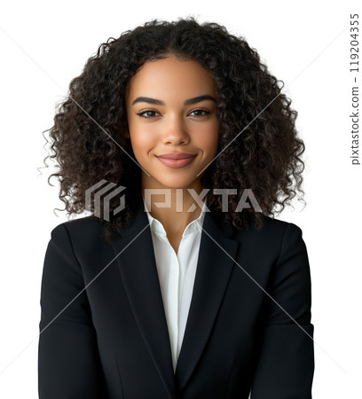 Professional business portrait of a smiling woman in a black suit against a white background 119204355