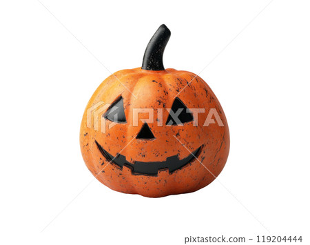 A carved pumpkin with a smiling face on a plain white background for Halloween decoration 119204444