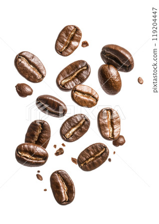Coffee beans in mid-air showcasing their rich color and texture against a plain backdrop 119204447
