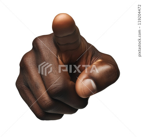 A persons hand giving a thumbs down gesture against a white background 119204472