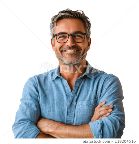 A smiling middle-aged man with glasses wears a blue shirt, arms crossed in a bright setting A smiling middle-aged man with glasses wears a blue shirt, arms crossed in a bright setting 119204510