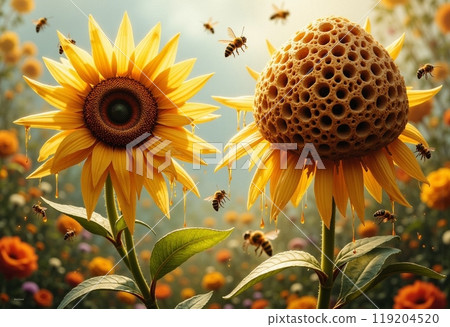 hardworking bees collect honey from a large flower on a warm sunny day hardworking bees collect honey from a large flower on a warm sunny day 119204520