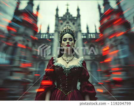 A French court lady in a regal dress stands majestically in front of an ornate castle, captured during a dramatic and mystical moment 119204799