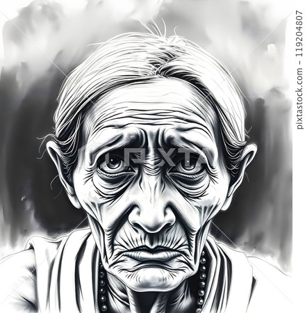 An elderly woman with thin features reflects deep sadness, her expressive face revealing the weight of her experiences. The contrasting background enhances her emotional state, drawing attention. An elderly woman with thin features reflects deep sadness, her expressive face revealing the weight of her experiences. The contrasting background enhances her emotional state, drawing attention. 119204807