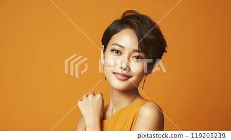 Portrait of a beautiful, sexy, smiling Asian woman with short hair, with perfect skin, purple background, banner. Portrait of a beautiful, sexy, smiling Asian woman with short hair, with perfect skin, purple background, banner. 119205239