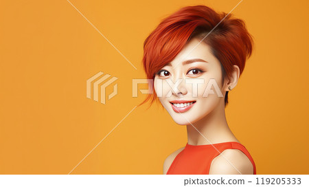 Portrait of a beautiful, sexy, smiling, happy Asian woman with short red hair and perfect skin, orange background, banner. 119205333