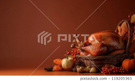 Thanksgiving Feast A Beautifully Roasted Turkey with Charming Autumn Decorations all Around 119205363