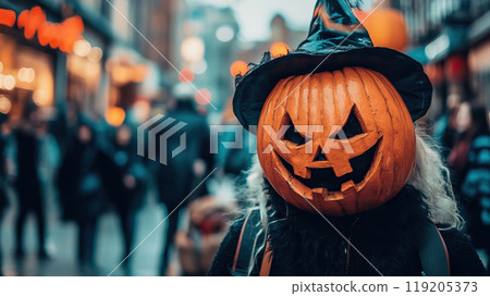 Pumpkin Head in the City A Spooky and Enchanting Halloween Vibe for Everyone to Enjoy 119205373