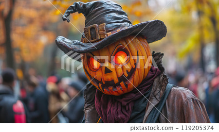 Pumpkin Head in the City A Spooky and Enchanting Halloween Vibe for Everyone to Enjoy 119205374