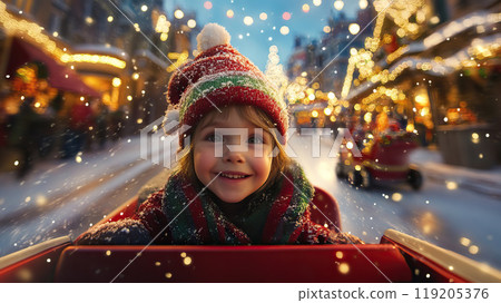 Joyful and Merry Christmas Scene Featuring a Happy Child in a Cheerful Festive Town 119205376