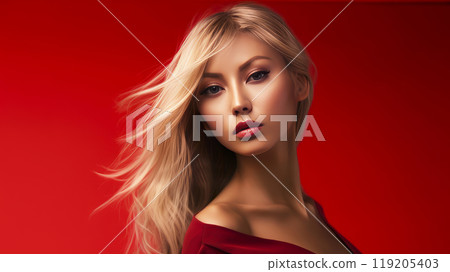 Portrait of a beautiful, sexy, smiling, happy blonde Asian woman with perfect skin, red background, banner. 119205403