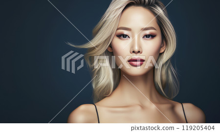 Portrait of a beautiful, sexy, smiling, happy blonde Asian woman with perfect skin, dark blue background, banner. Portrait of a beautiful, sexy, smiling, happy blonde Asian woman with perfect skin, dark blue background, banner. 119205404