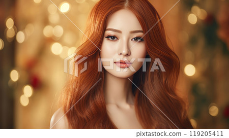 Portrait of a beautiful, sexy, smiling, happy Asian woman with long red hair and perfect skin, golden background, banner. Portrait of a beautiful, sexy, smiling, happy Asian woman with long red hair and perfect skin, golden background, banner. 119205411