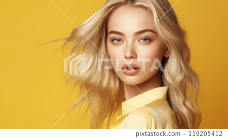Portrait of a beautiful, sexy, smiling, happy blonde Asian woman with perfect skin, yellow background, banner. Portrait of a beautiful, sexy, smiling, happy blonde Asian woman with perfect skin, yellow background, banner. 119205412