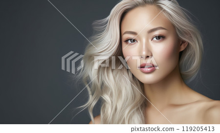 Portrait of a beautiful, sexy, smiling, happy blonde Asian woman with perfect skin, gray background, banner. Portrait of a beautiful, sexy, smiling, happy blonde Asian woman with perfect skin, gray background, banner. 119205413