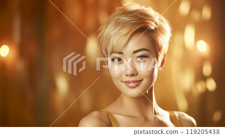 Portrait of a beautiful, sexy, smiling, happy Asian blonde woman with short haircut and perfect skin, golden background, banner. Portrait of a beautiful, sexy, smiling, happy Asian blonde woman with short haircut and perfect skin, golden background, banner. 119205438