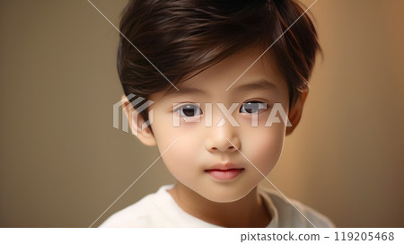 Portrait of a cute handsome happy Asian boy child with perfect skin, creamy beige background, banner. 119205468