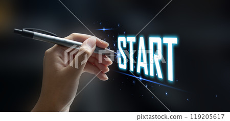 This word begins with a woman's hand holding a pen to start a new life, business, education, or career idea. This word begins with a woman's hand holding a pen to start a new life, business, education, or career idea. 119205617