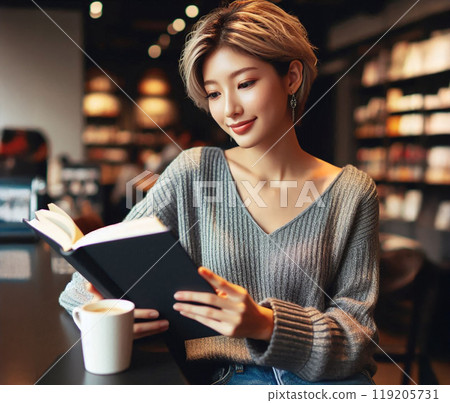 美麗的女人在咖啡館享受閱讀 119205731