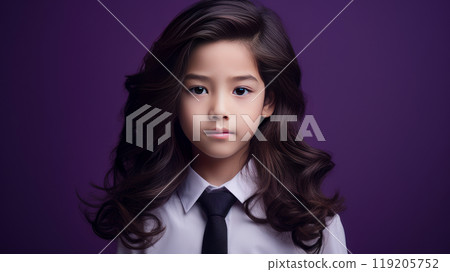 Portrait of a cute handsome happy Asian boy child with long hair and perfect skin, purple background, banner. 119205752