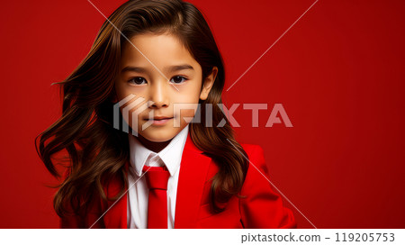 Portrait of a cute handsome happy Asian boy child with long hair and perfect skin, red background, banner. Portrait of a cute handsome happy Asian boy child with long hair and perfect skin, red background, banner. 119205753