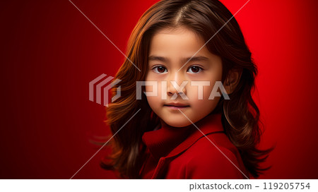 Portrait of a cute handsome happy Asian boy child with long hair and perfect skin, red background, banner. 119205754