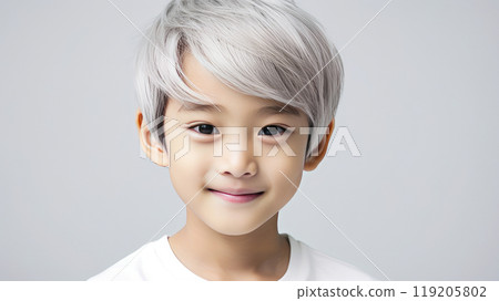 Portrait of a cute handsome happy Asian boy child blond with white hair and perfect skin, white background, banner. Portrait of a cute handsome happy Asian boy child blond with white hair and perfect skin, white background, banner. 119205802