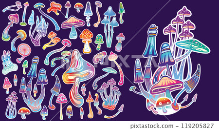 Set of stickers with mushrooms with white outline, Set of stickers with mushrooms with white outline, 119205827